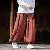 現貨 男士民族風羔羊絨休閒褲日系ins九分褲 中式龍紋壓花復古寬褲直筒褲哈倫褲垮褲蘿蔔褲吊襠褲寬鬆大尺碼褲裙國潮男褲子