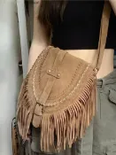 喜挖2店 2026新款仿麂皮美式波西米亞流蘇包女復古馬鞍包時尚單肩斜後背包