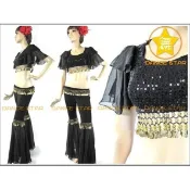 舞星-142293#-半截式亮片吊幣練習服套裝-衣+褲-黑色-限量品-肚皮舞衣練習衣褲
