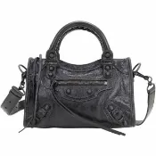 【Balenciaga 巴黎世家】Le City Arena Storico MINI 揉製羊皮霧黑扣手提 斜背機車包-黑色(斜背包 兩用包)
