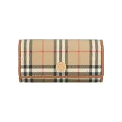 【BURBERRY 巴寶莉】經典格紋及小牛皮翻蓋長夾(經典米色/石楠木棕)