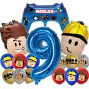16 件裝 Roblox 羅佈樂思虛擬世界主題遊戲生日氣球套裝藍色鋁箔數字氣球嬰兒淋浴男孩生日裝飾