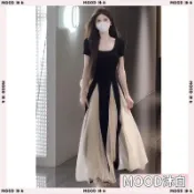 【沐白】大碼女裝胖mm設計感撞色拚接裙擺方領連衣裙女夏氣質顯瘦遮肉長裙 方領洋裝 法式洋裝 連身裙