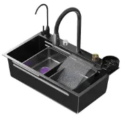 (店+)奈米黑金深水槽 內崁飛雨瀑布出水 水槽 75x46cm( 廚房水槽 洗手台 單水槽 流理台 )