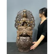 【阿一藝品 】早期廣東 石灣陶【背屏觀音】觀音菩薩 名師手製 有落款 值得收藏 居家裝飾 石灣陶擺件 U72