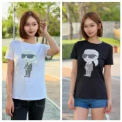 (店+)【KARL LAGERFELD 卡爾】卡爾 點點墨鏡卡爾 女款 短袖上衣 短T 女版