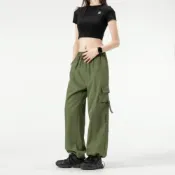 (店+)工裝褲女運動褲褲大碼夏季工作褲美式速乾透氣女長褲防水防風登山闊腿褲子耐磨休閒褲寬鬆直筒褲薄款長褲多口袋寬褲戶外機能衝鋒褲