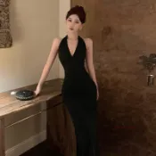324露背開叉掛脖高級感修身顯瘦連衣裙女 洋裝 正韓 禮服 連身裙 包臀裙