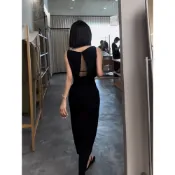 法式聚會派對性感黑色長裙女裝顯瘦露背V領無袖中長款緊身洋裝