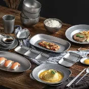 【苔蘚】 工業風餐具 304不鏽鋼 西餐餐具 適用咖啡店 小吃盤 碗盤組 復古風 西餐廳擺盤 雪花灰磨砂牛排盤 碗碟套裝
