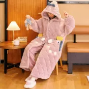 連盛 珊瑚絨睡衣女秋冬款加厚加絨三層保暖夾棉襖法蘭絨長款睡袍家居服