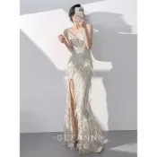 香檳色晚禮服女2024新款高級感宴會氣質性感吊帶主持人魚尾裙亮片主持人謝師宴尾牙春酒喜宴