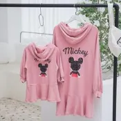 卡通韓版新款女童親子裝童裝帽T長版連身裙米奇米老鼠字母印花帶帽休閒服運動衣家庭裝母女裝母子裝全家福套