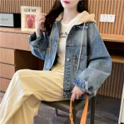 愛依依 夾克 外套上衣 外套S-3XL假兩件連帽短款牛仔外套春季韓版百搭上衣-7913.