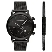 大高雄鐘錶城 EMPORIO ARMANI 亞曼尼 AR80041 黑鋼簡約經典套組腕錶/黑 43mm｜樂天領券現折★全館特惠中★指定刷卡回饋10%