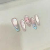 🎀台灣出貨🎀 【星雲奶貓】粉藍極光漸變貓眼小貓咪銀五角星中長杏仁純欲穿戴甲