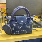 喜挖2店 可愛洋氣牛仔印花小貓手提包女2025新款時尚單肩斜後背包迷你餃子包