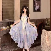 莫奈花園油畫吊帶裙 大裙擺連衣裙 暈染印花 仙女風 夏裝洋裝 度假穿搭