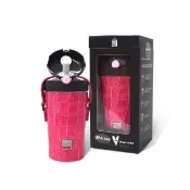 【Purenine】Kids兒童時尚彈蓋隨身多功能 不鏽鋼 保溫杯-290ML附皮杯套+背帶(粉色皮套+黑蓋瓶組)(保溫瓶)