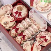 【可開發票】法式復古碗碟套裝家用高階感釉下彩碗盤組合新婚禮物喬遷新居禮盒