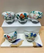 古瓷堂日本回流瓷器 日本回流九谷燒美山花卉五客飯碗組 全新手繪陶瓷碗 日式精緻餐具 日常用餐收藏禮品