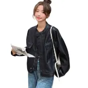 【CHACO】/現貨/女春秋 黑色圓領皮衣寬鬆落肩軟感夾克外套#PY9313BK(PU 皮衣 夾克 外套 機車 春秋)