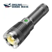 （可開發票）微笑鯊強光手電筒LED P100超亮遠射變焦可充電 26650超長續航TYPE-C 帶爆閃SOS戶外登山應急