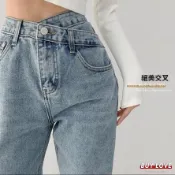 【買到戀愛】隔日到貨  女裝 顯瘦多碼錯位交叉顯瘦直筒牛仔寬褲 落地褲 闊腿褲【HL871】