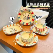 🦋新品熱賣🛒史努比聯名餐具套裝 陶瓷碗盤沙拉飯碗 勺子情侶 新款 碗盤餐盤 高顏值