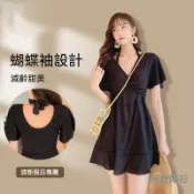 (有款媠衫)臺灣出貨/時尚大碼泳衣女連身顯瘦 遮肚遮肉游泳衣保守ins風溫泉泳裝女裝 海灘渡假素色舒適透氣日常百搭
