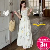 【梨卡】隔日到貨 女裝 洋裝 長裙【有內裡】顯瘦長裙 小飛袖方領 度假長裙 海邊長裙 氣質長裙 GA620【現貨24H】