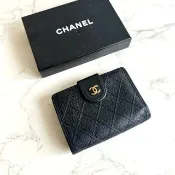 Chanel黑色魚子醬皮革中夾 皮夾 錢包 短夾 中古包 二手包 古董包
