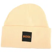 BOSS 字母徽標貼反摺針織毛帽(米黃色)