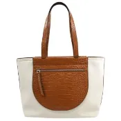 【TOD’S】TODS 撞色小牛皮帆布拼接肩背大獨特個性包托特包(米棕)