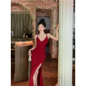 性感輕奢 高級感吊帶 開叉長款魚尾裙 擺禮服裙 御姐氣質連衣裙