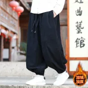 现货 男士民族風休闲裤新中式灯芯绒刷毛加厚保暖棉裤复古素色百搭九分褲燈籠褲哈倫褲寬褲垮褲蘿蔔褲太極褲寬褲大尺碼男褲子