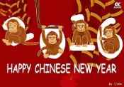 C節慶酷卡明信片  2016HappyNewYear猴年新年快樂（4隻小猴子鞭炮恭喜發財）（背面空白可書寫郵寄）
