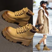 💢限時免運💢馬丁靴 女生真皮新款靴子 復古英倫風短靴 鬆糕厚底增高大黃靴 低幫英倫風ins低幫潮鞋 女版馬汀鞋