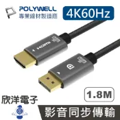 ※ 欣洋電子 ※ POLYWELL DisplayPort轉HDMI 4K60Hz 編織線 訊號轉換線 主動式晶片 影音轉接線 1.8M (PW15-W46-A027) (PW15-W46-A025)