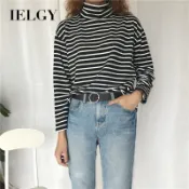IELGY寬鬆百搭條紋T恤長袖高領襯衫襯衫