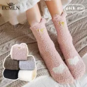 ECMLN女款珊瑚絨中筒襪可愛卡通貓爪地板襪舒適保暖加厚襪