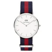 DW Daniel Wellington 經典藍紅帆布時尚女錶-銀框/36mm(0601DW)