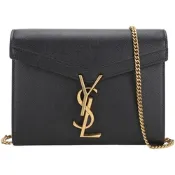 YSL Saint Laurent Cassandra 小牛皮金屬字母轉扣信封鍊帶/手拿包(黑色)