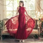 OMUSES 蕾絲削肩珠袖紅色魚尾旗袍禮服