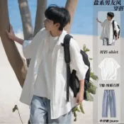  中性穿搭 男性穿搭 復古套裝男 韓係男套裝 休閒服男夏季日係短袖襯衫套裝男生衣服三件套搭配港風帥氣潮牌一整套