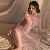 (店+)美人香閨 中國風情復古立領盤釦開襟透視印花薄紗旗袍(上衣＋裙子＋開襠褲)三件組角色扮演服 性感內衣 主題派對服 情趣用品