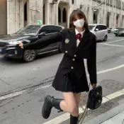 協貿國際日用品生活11館 學院風套裝女2022JK制服春裝英倫風學生減齡西裝外套半身裙兩件套