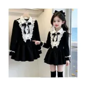 (店+)【Arbea】中大童120-170碼女童學院風洋裝春秋款兒童蝴蝶結蕾絲赫本風小黑裙千金公主裙【C1483】