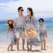 海灘渡假風腰果圖騰細肩平口連身裙花襯衫親子裝情侶裝