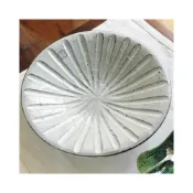 (店+)【美濃燒】日本製 六魯 Rokuro blut’s 粉引深彫淺缽22cm 日本食器 花盤 餐盤 陶盤 菜盤 圓盤